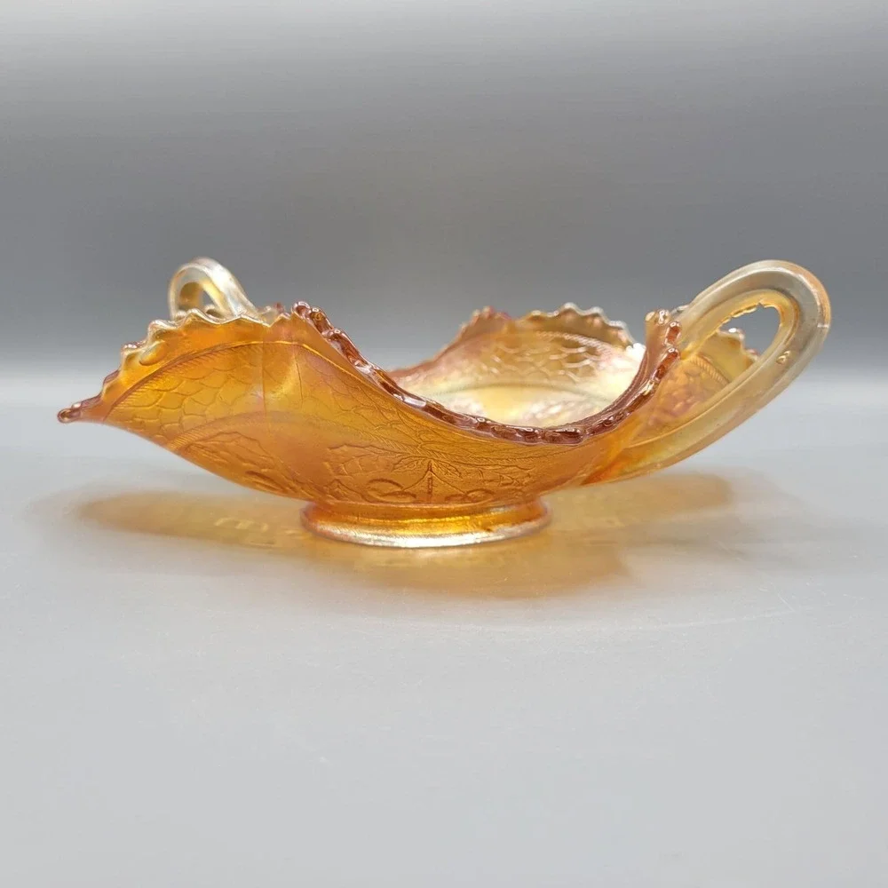 Vintage Fenton Marigold Carnival Iridescent Glass Handled Candy Dish Cherries